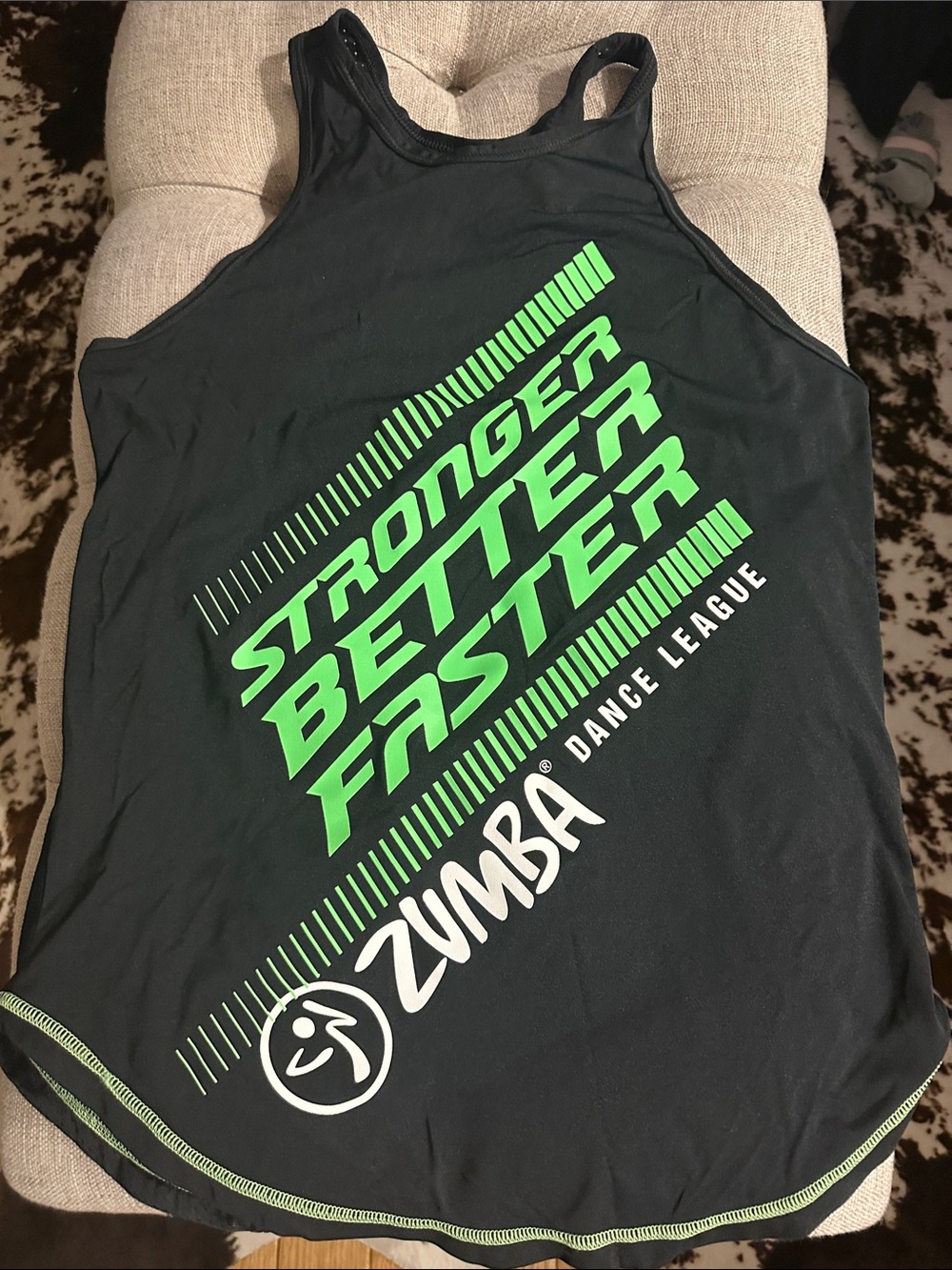 Zumba Fitness Black Tank with Neon Green Graphic "Stronger Better Faster"